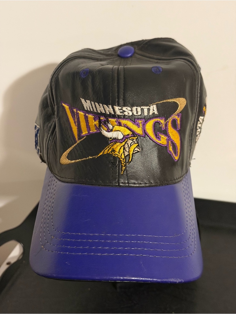 Vintage 90s Minnesota Vikings ProElite Leather Strapback Hat Cap Made In USA